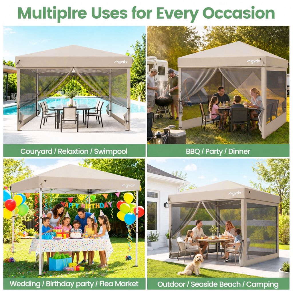 GVDV 10x10ft Easy Pop-Up Canopy, Outdoor Screen Tent with Mosquito Netting, 2 Zipper Doors, and Carry Bag for Yard Camping Picnic Party Events, Blue