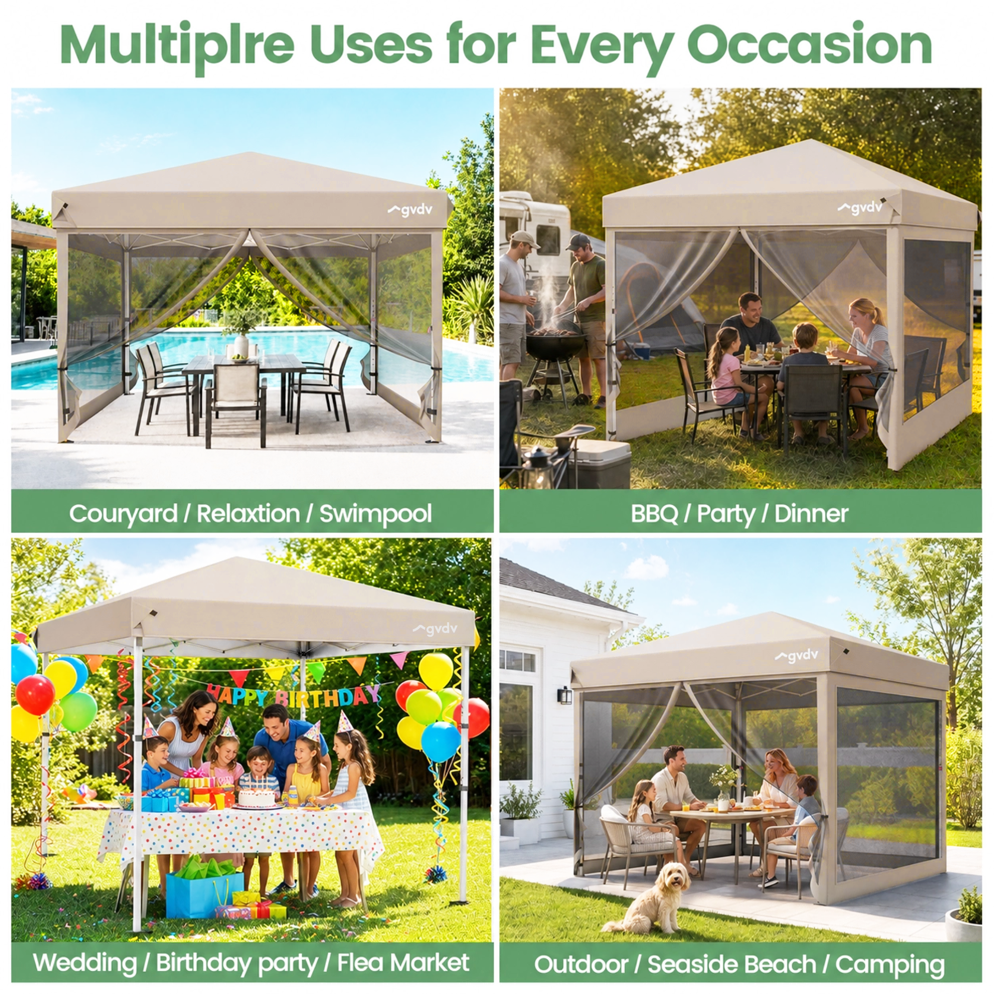 GVDV 10x10ft Easy Pop-Up Canopy, Outdoor Screen Tent with Mosquito Netting, 2 Zipper Doors, and Carry Bag for Yard Camping Picnic Party Events, Blue