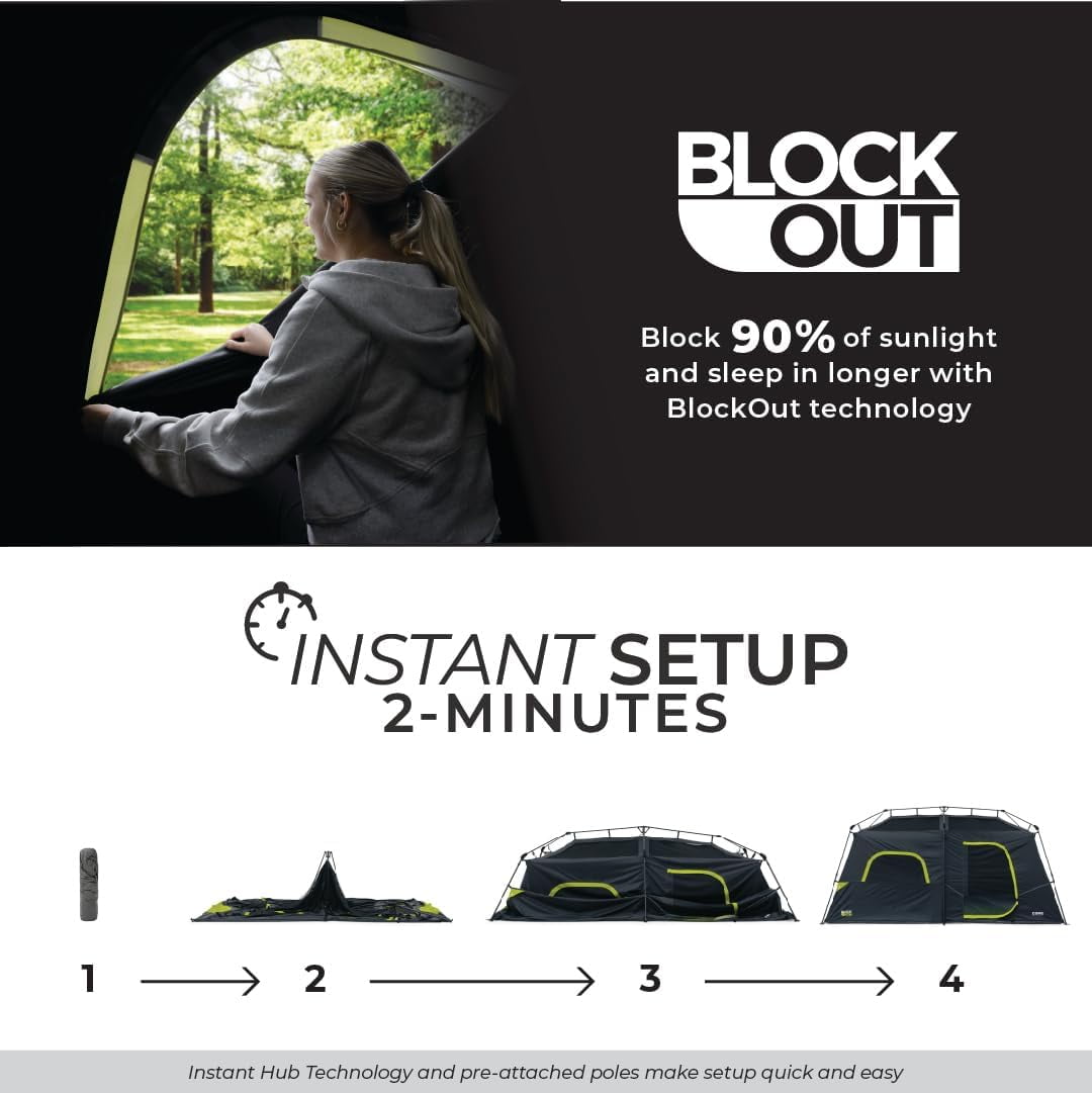 CORE 11' x 9' 6 Person Blockout Instant Cabin Camping Tent, 22lbs