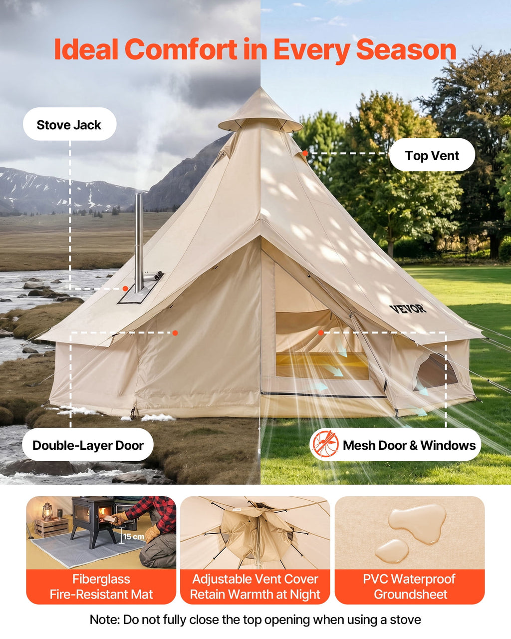 VEVOR Oxford Bell Tent, 4 Seasons 13.12 ft Yurt Tent for Camping with Stove Jack, Waterproof Breathable Holds up to 4 People with Zipped Detachable Floor,Family Camping Glamping Outdoor Hunting Party