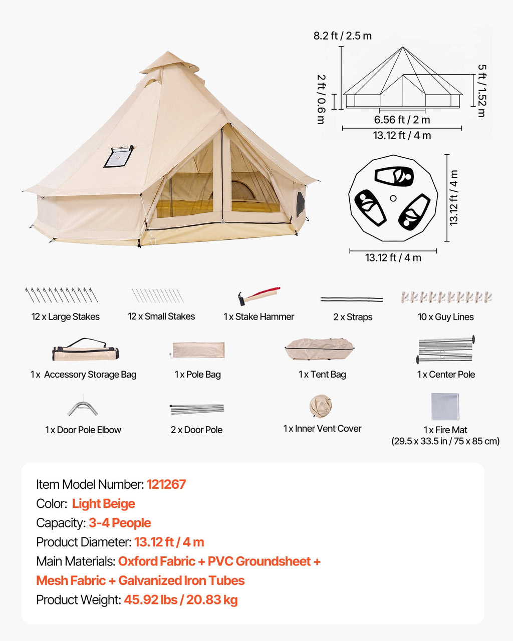 VEVOR Oxford Bell Tent, 4 Seasons 13.12 ft Yurt Tent for Camping with Stove Jack, Waterproof Breathable Holds up to 4 People with Zipped Detachable Floor,Family Camping Glamping Outdoor Hunting Party