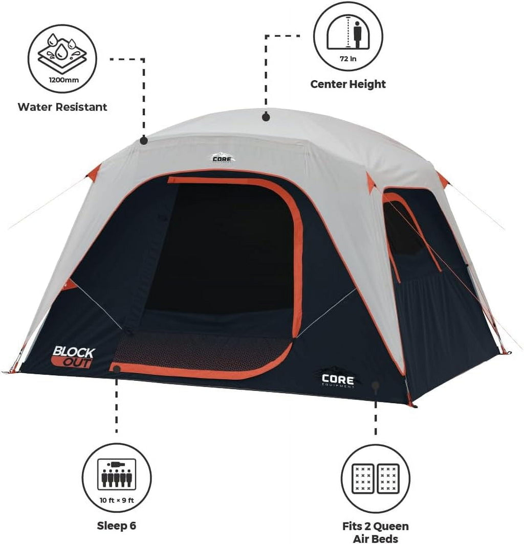 CORE 10' x 9' 6 Person Blockout Dome Camping Tent, 21lbs
