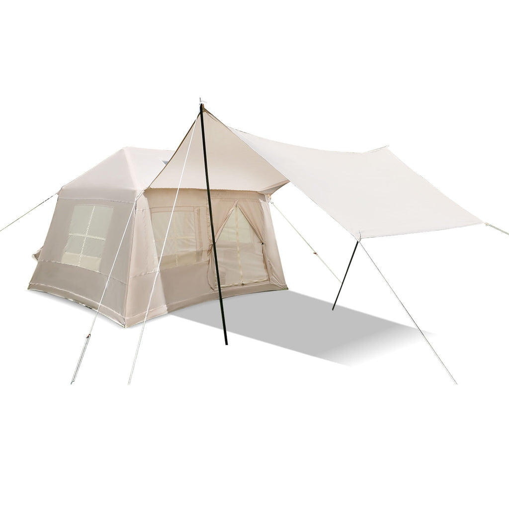 Inflatable Tents for Camping, 4-6 Person Blow Up Tent with Detachable Canopy Manual Pump Mesh Windows Stove Jack Waterproof 210D Oxford Air Tent Windproof Glamping Tent for Family Outdoor Camping