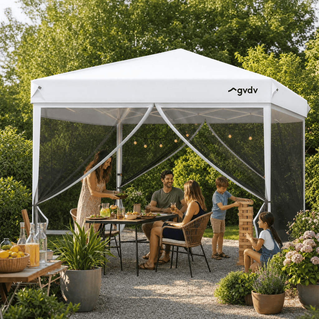 GVDV 10x10ft Easy Pop-Up Canopy, Outdoor Screen Tent with Mosquito Netting, 2 Zipper Doors, and Carry Bag for Yard Camping Picnic Party Events, Blue