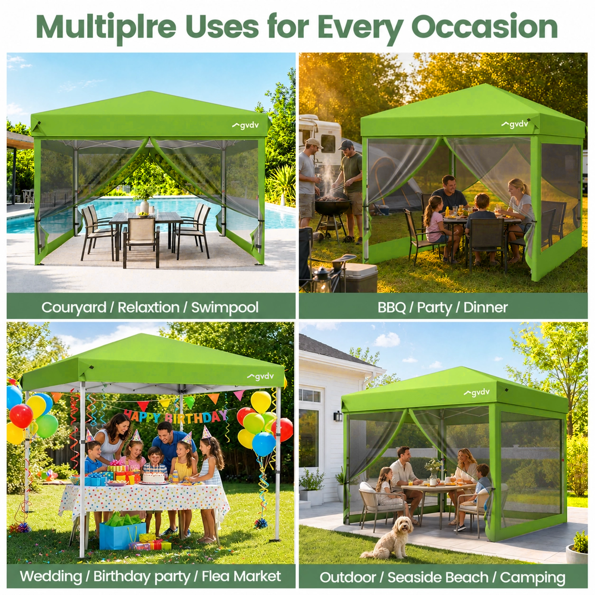 GVDV 10x10ft Easy Pop-Up Canopy, Outdoor Screen Tent with Mosquito Netting, 2 Zipper Doors, and Carry Bag for Yard Camping Picnic Party Events, Blue
