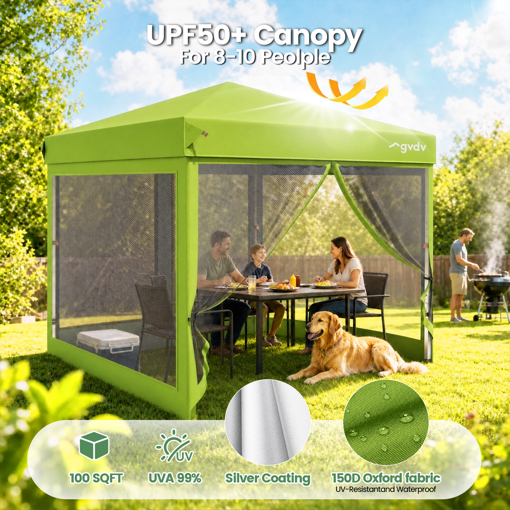 GVDV 10x10ft Easy Pop-Up Canopy, Outdoor Screen Tent with Mosquito Netting, 2 Zipper Doors, and Carry Bag for Yard Camping Picnic Party Events, Blue