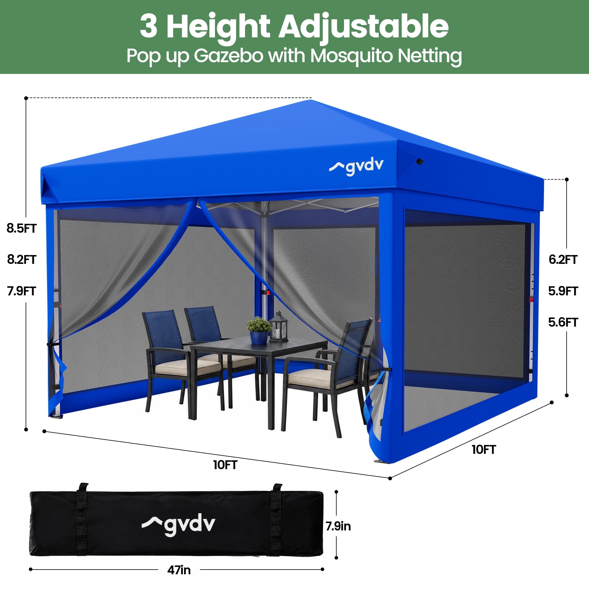 GVDV 10x10ft Easy Pop-Up Canopy, Outdoor Screen Tent with Mosquito Netting, 2 Zipper Doors, and Carry Bag for Yard Camping Picnic Party Events, Blue