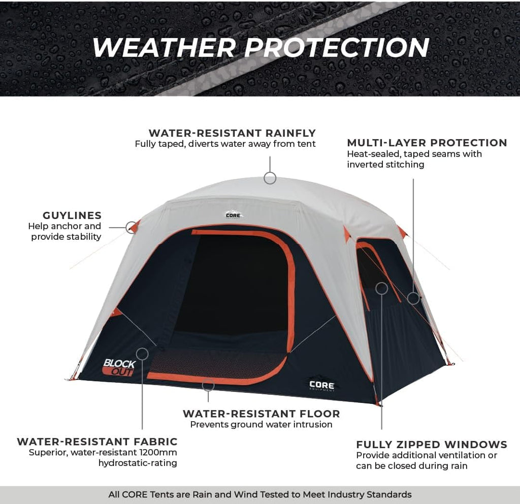 CORE 10' x 9' 6 Person Blockout Dome Camping Tent, 21lbs