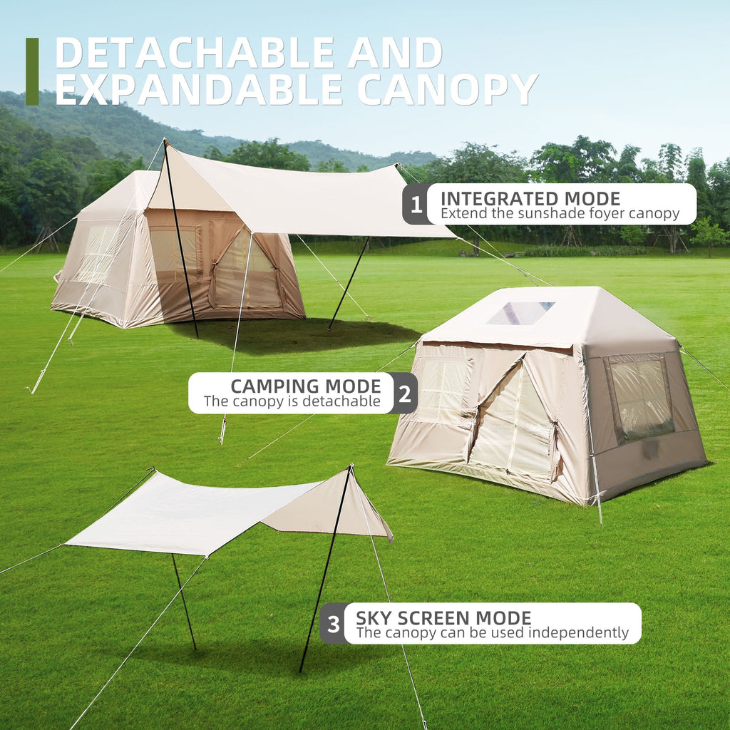 Inflatable Tents for Camping, 4-6 Person Blow Up Tent with Detachable Canopy Manual Pump Mesh Windows Stove Jack Waterproof 210D Oxford Air Tent Windproof Glamping Tent for Family Outdoor Camping