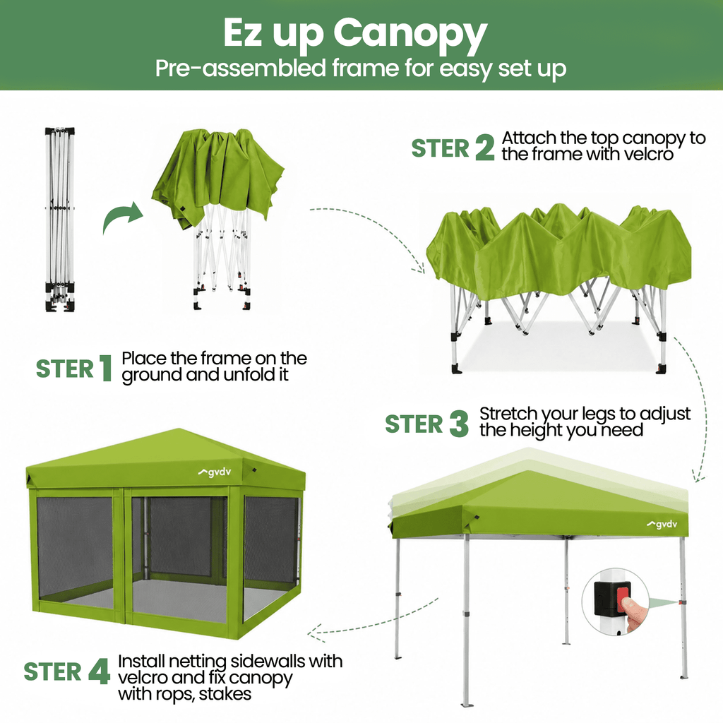 GVDV 10x10ft Easy Pop-Up Canopy, Outdoor Screen Tent with Mosquito Netting, 2 Zipper Doors, and Carry Bag for Yard Camping Picnic Party Events, Blue