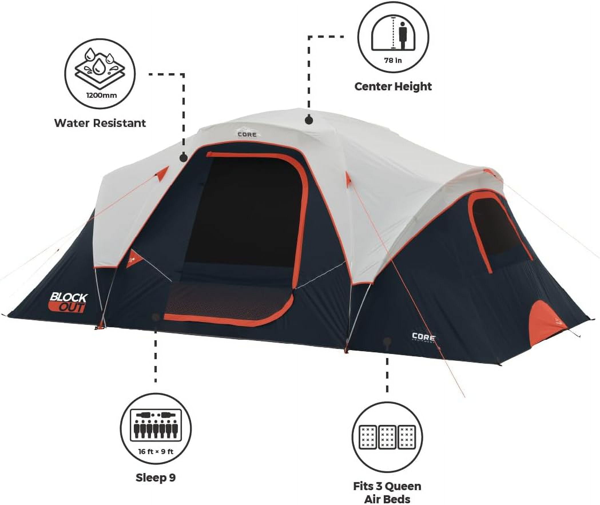 CORE 10' x 9' 6 Person Blockout Dome Camping Tent, 21lbs