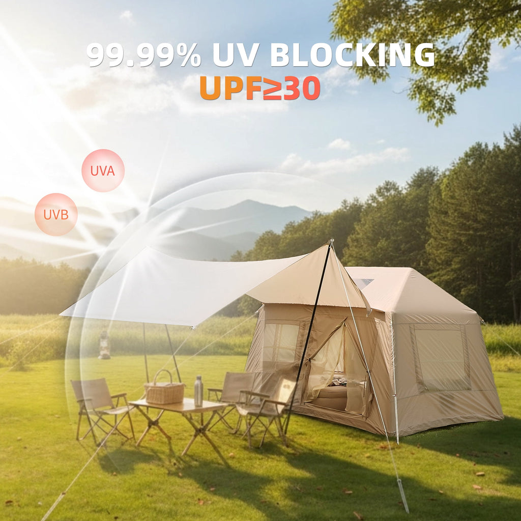 Inflatable Tents for Camping, 4-6 Person Blow Up Tent with Detachable Canopy Manual Pump Mesh Windows Stove Jack Waterproof 210D Oxford Air Tent Windproof Glamping Tent for Family Outdoor Camping