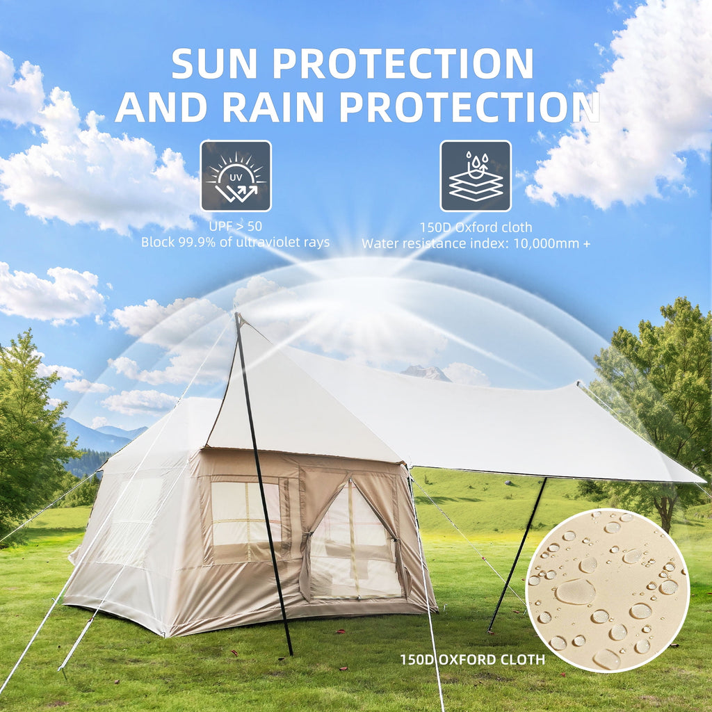 Inflatable Tents for Camping, 4-6 Person Blow Up Tent with Detachable Canopy Manual Pump Mesh Windows Stove Jack Waterproof 210D Oxford Air Tent Windproof Glamping Tent for Family Outdoor Camping
