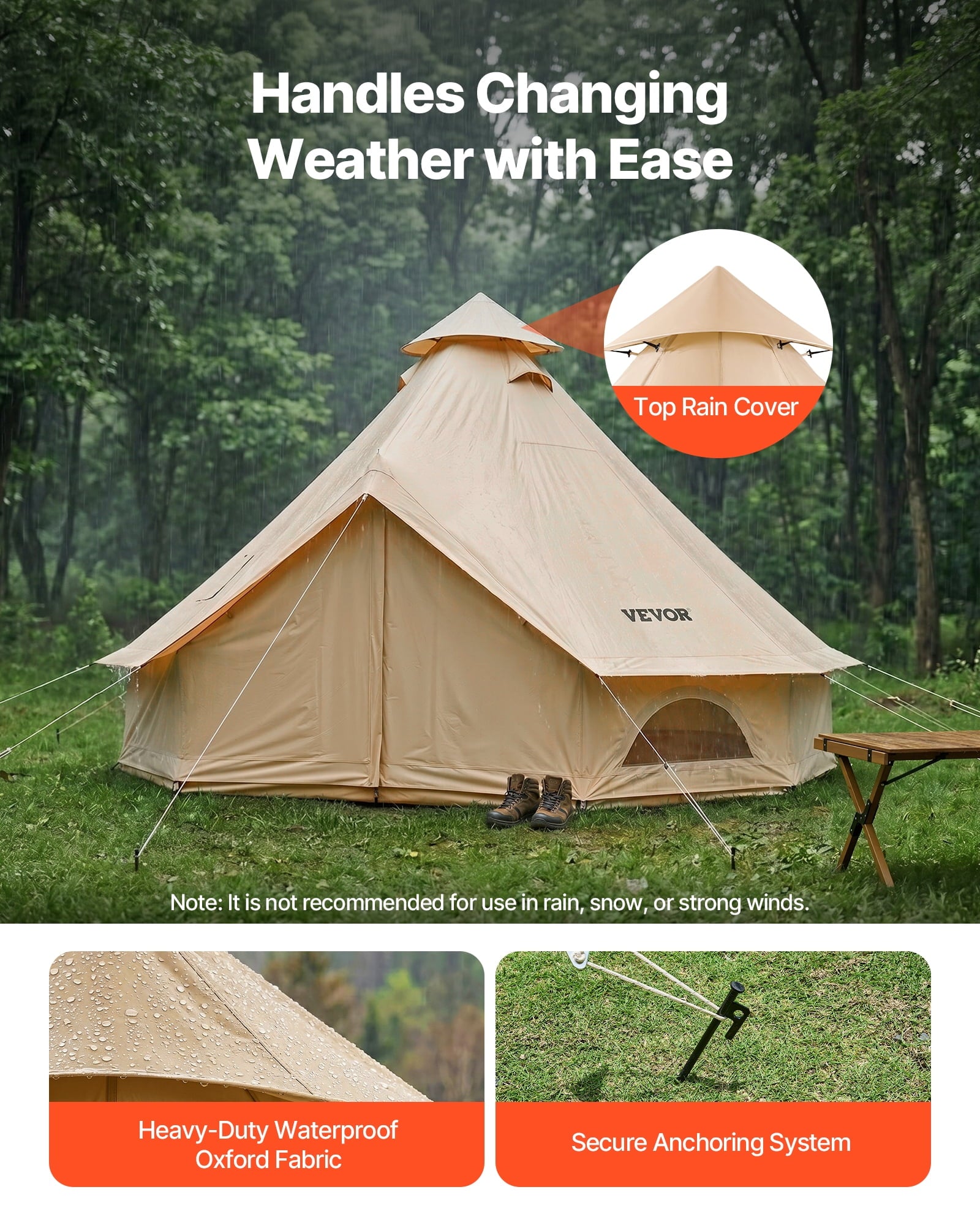 VEVOR Oxford Bell Tent, 4 Seasons 13.12 ft Yurt Tent for Camping with Stove Jack, Waterproof Breathable Holds up to 4 People with Zipped Detachable Floor,Family Camping Glamping Outdoor Hunting Party