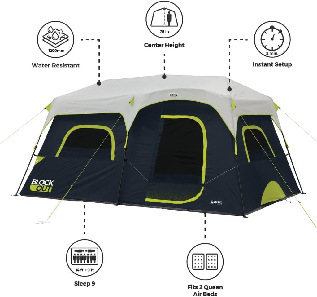 CORE 11' x 9' 6 Person Blockout Instant Cabin Camping Tent, 22lbs