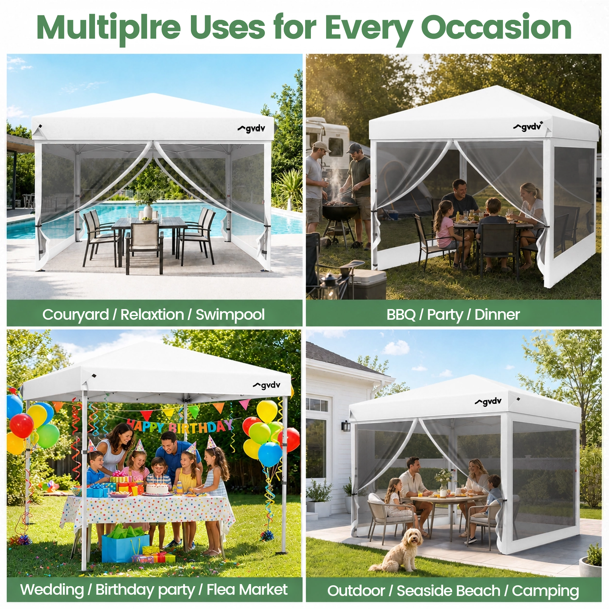 GVDV 10x10ft Easy Pop-Up Canopy, Outdoor Screen Tent with Mosquito Netting, 2 Zipper Doors, and Carry Bag for Yard Camping Picnic Party Events, Blue