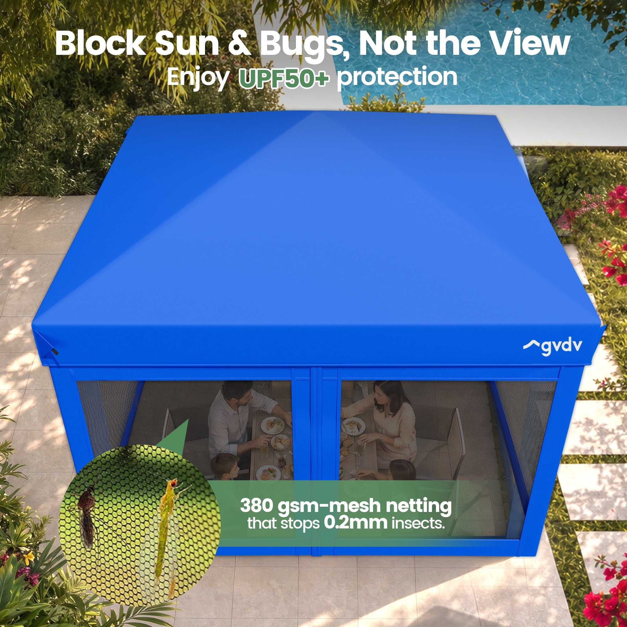 GVDV 10x10ft Easy Pop-Up Canopy, Outdoor Screen Tent with Mosquito Netting, 2 Zipper Doors, and Carry Bag for Yard Camping Picnic Party Events, Blue