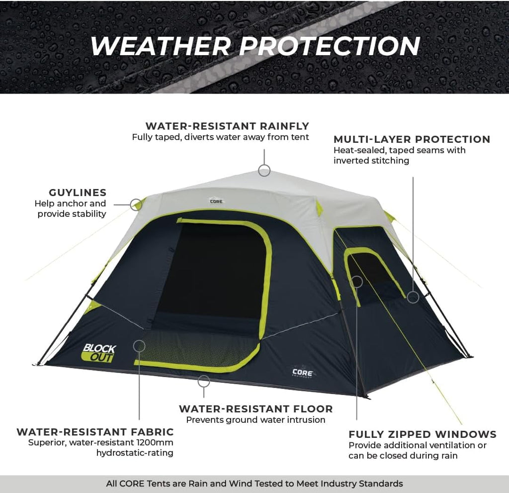 CORE 11' x 9' 6 Person Blockout Instant Cabin Camping Tent, 22lbs