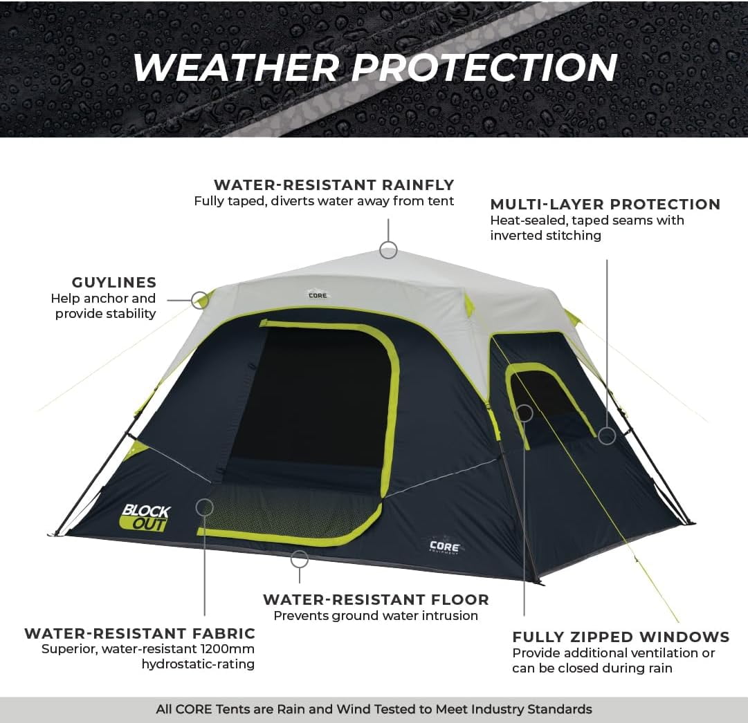 CORE 11' x 9' 6 Person Blockout Instant Cabin Camping Tent, 22lbs