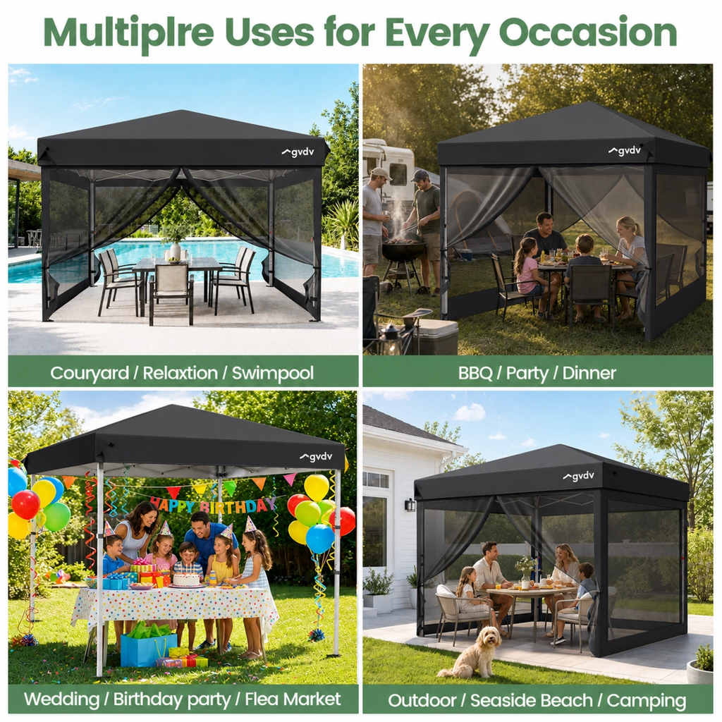 GVDV 10x10ft Easy Pop-Up Canopy, Outdoor Screen Tent with Mosquito Netting, 2 Zipper Doors, and Carry Bag for Yard Camping Picnic Party Events, Blue