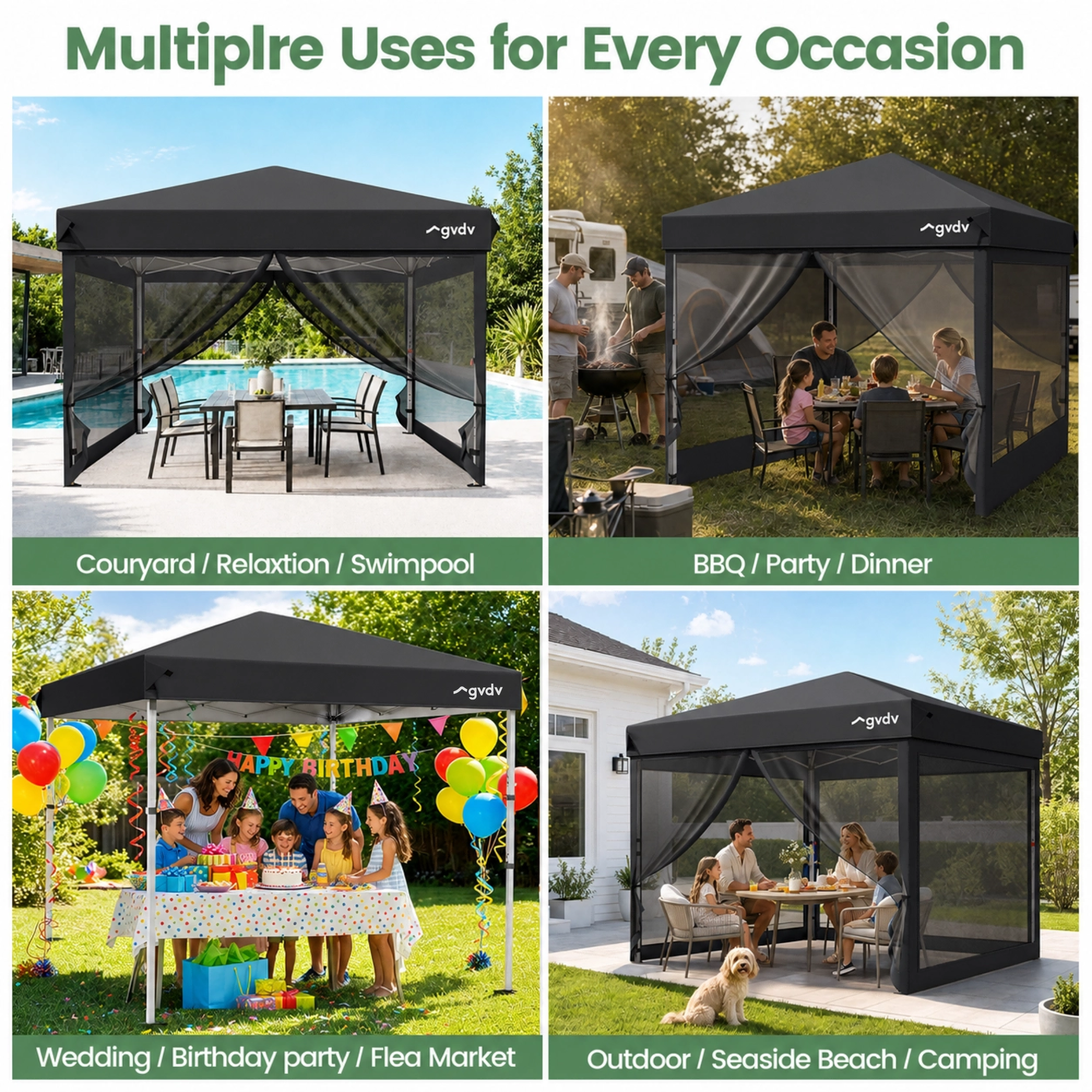 GVDV 10x10ft Easy Pop-Up Canopy, Outdoor Screen Tent with Mosquito Netting, 2 Zipper Doors, and Carry Bag for Yard Camping Picnic Party Events, Blue