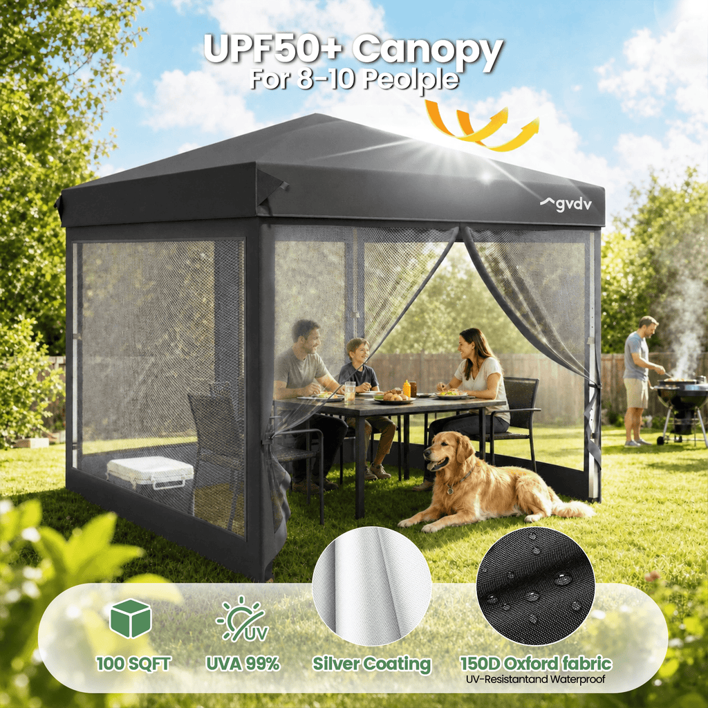 GVDV 10x10ft Easy Pop-Up Canopy, Outdoor Screen Tent with Mosquito Netting, 2 Zipper Doors, and Carry Bag for Yard Camping Picnic Party Events, Blue