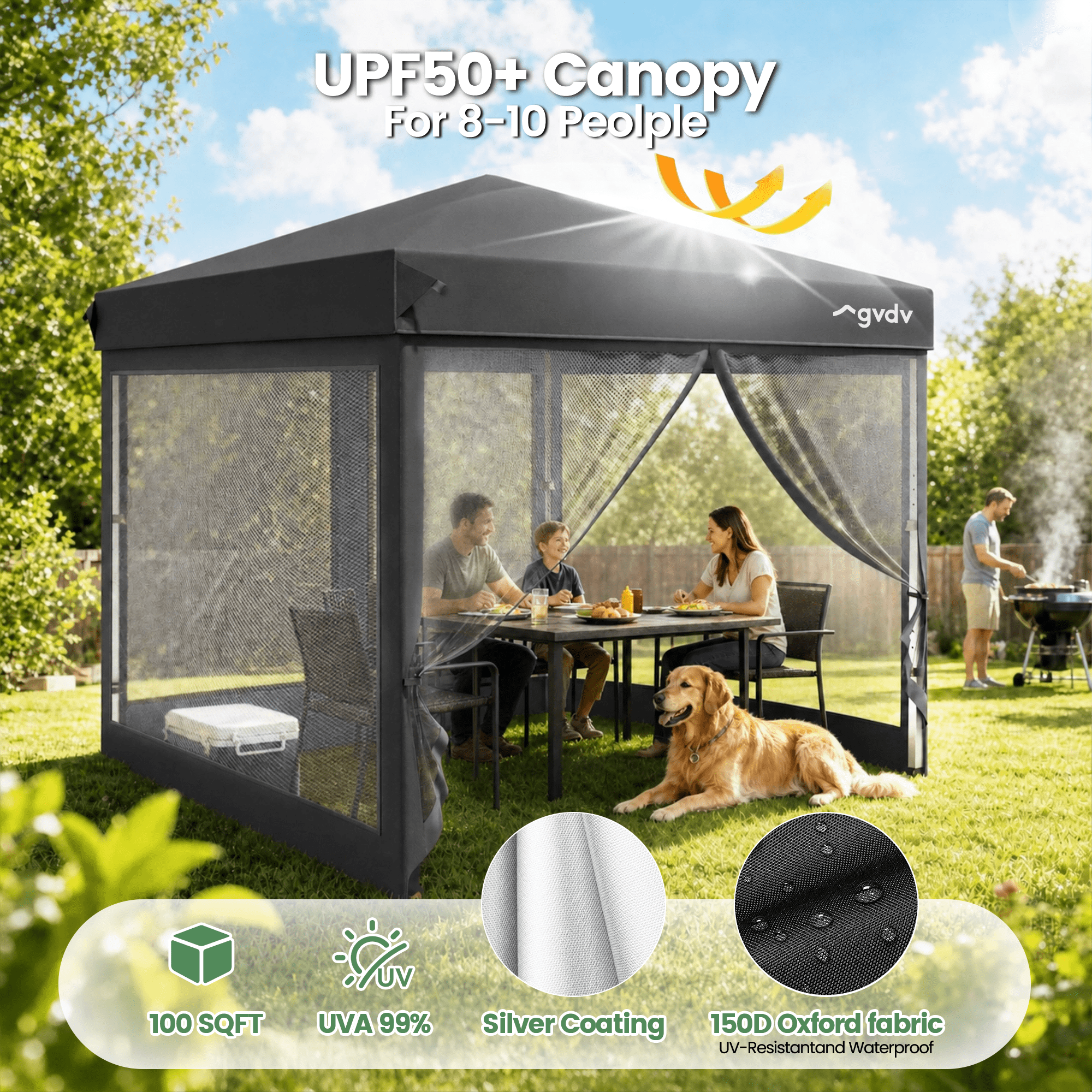 GVDV 10x10ft Easy Pop-Up Canopy, Outdoor Screen Tent with Mosquito Netting, 2 Zipper Doors, and Carry Bag for Yard Camping Picnic Party Events, Blue