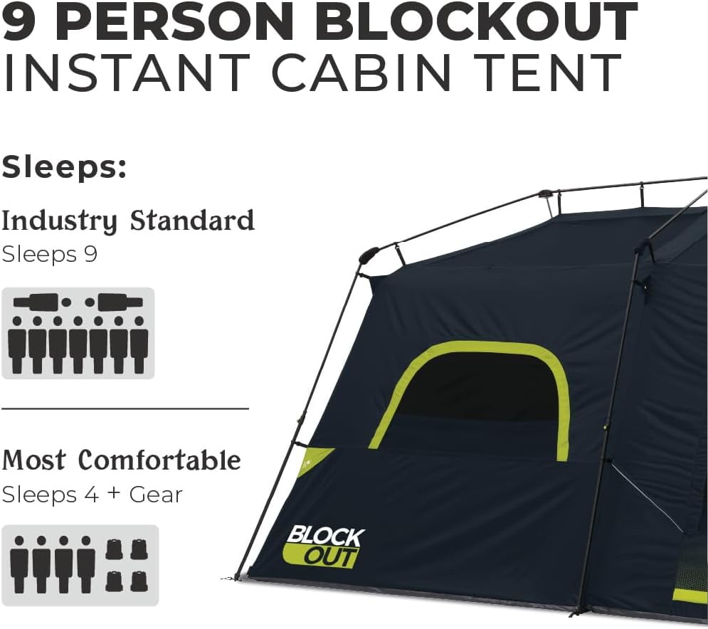 CORE 11' x 9' 6 Person Blockout Instant Cabin Camping Tent, 22lbs