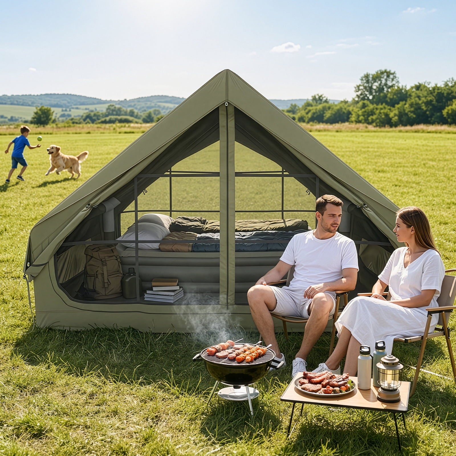 Ktaxon Inflatable Tent with Hand Pump for Camping, Easy Setup Air Glamping Tents, All-Weather Waterproof Blow up Camping Tent for Family, Green