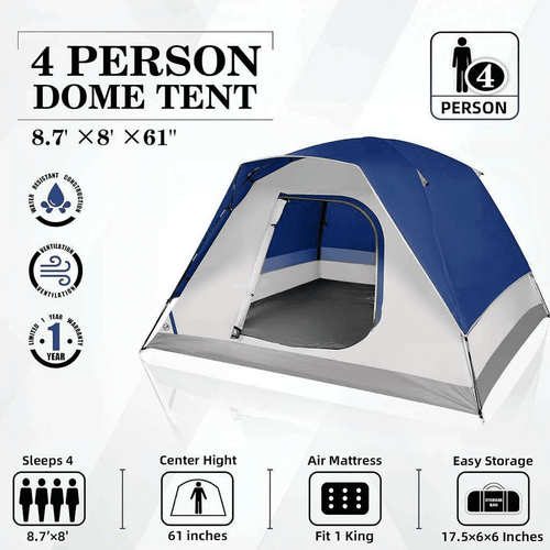4 Person Dome Camping Tent with Rainfly Waterproof Fabric Mesh Windows and Increased Headroom