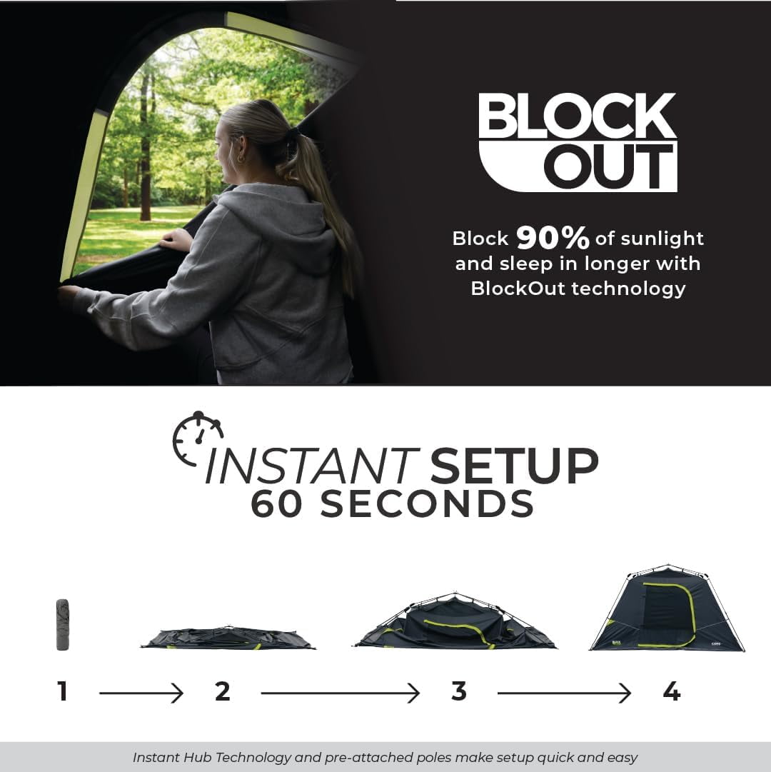 CORE 11' x 9' 6 Person Blockout Instant Cabin Camping Tent, 22lbs