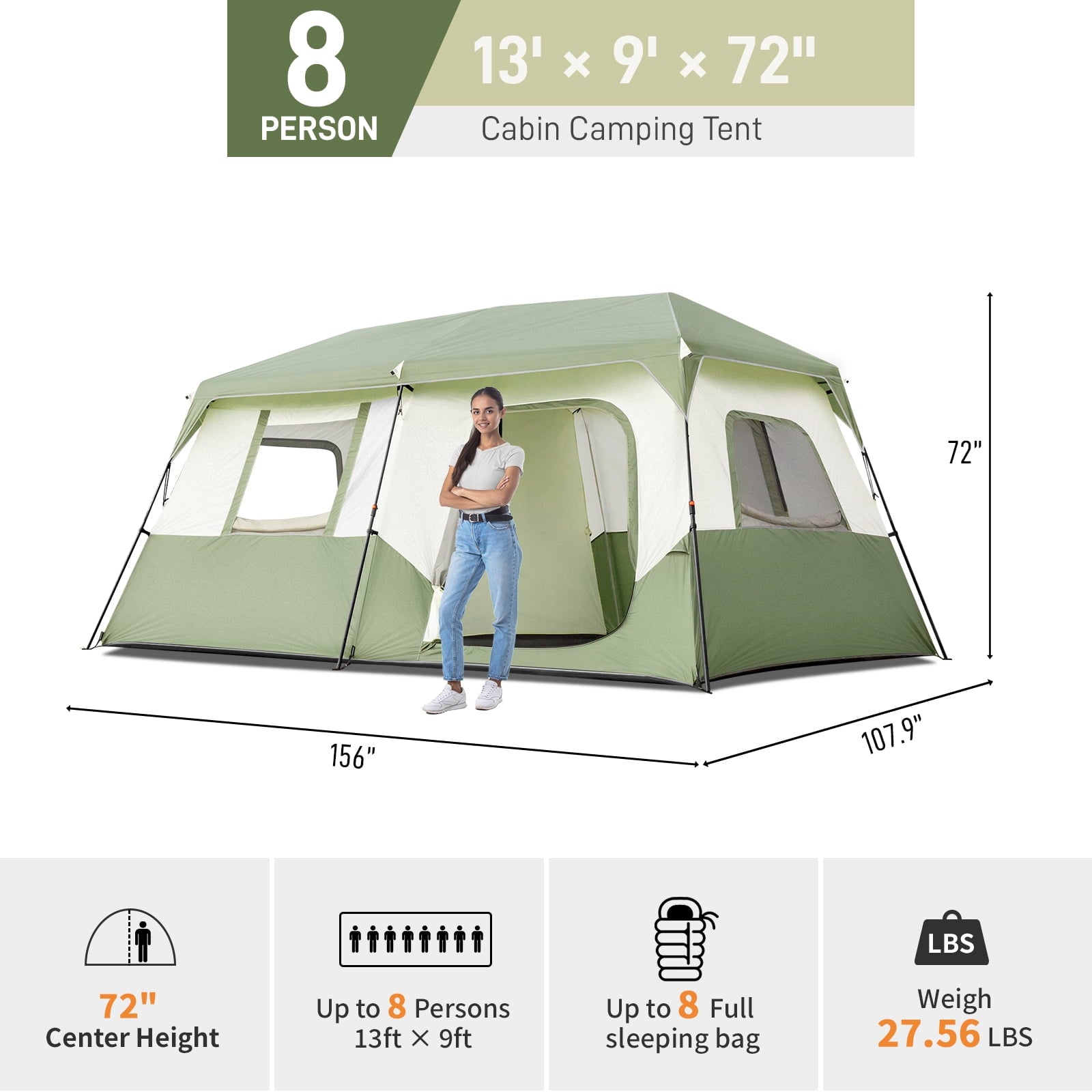 Zimtown Family Tent 8 Person Instant Cabin Tent for Outdoor, Picnic, Camping, Friends Gathering Green