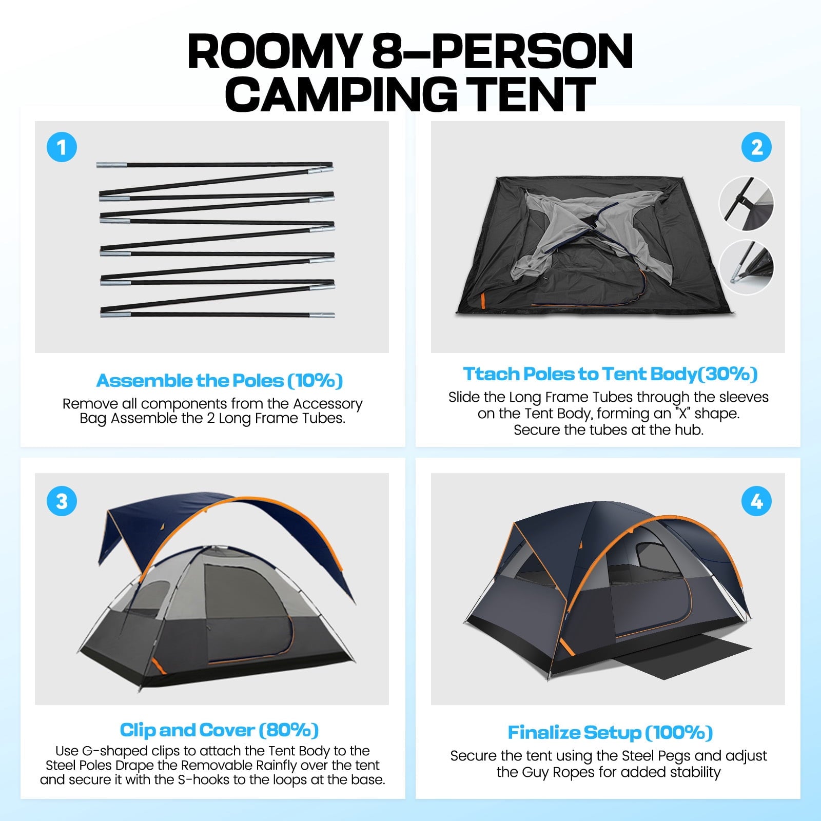 COBIZI 8-10 Person Camping Tent, Tents for Camping 12x9ft Family Tent,Waterproof Windproof Cabin Tent with Removable Rainfly,CPAI-84 Flame Retardant,Heavy Duty with 17 Stakes&Carry Bag,Blue