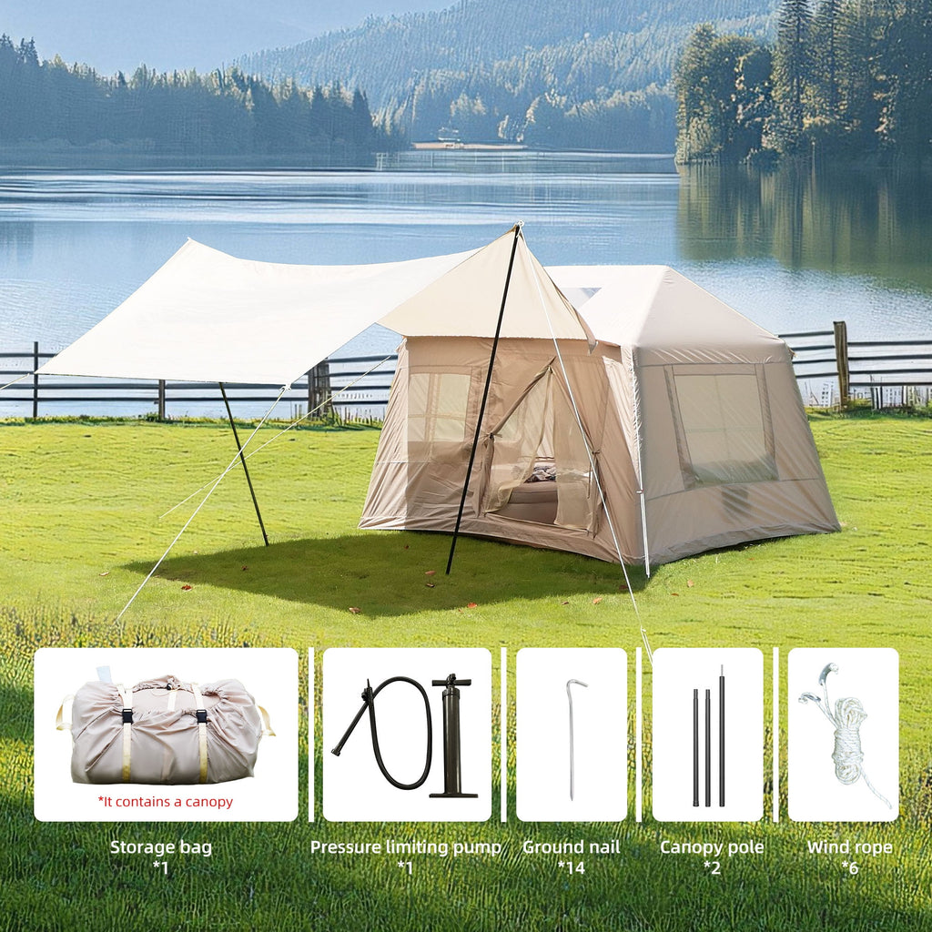 Inflatable Tents for Camping, 4-6 Person Blow Up Tent with Detachable Canopy Manual Pump Mesh Windows Stove Jack Waterproof 210D Oxford Air Tent Windproof Glamping Tent for Family Outdoor Camping