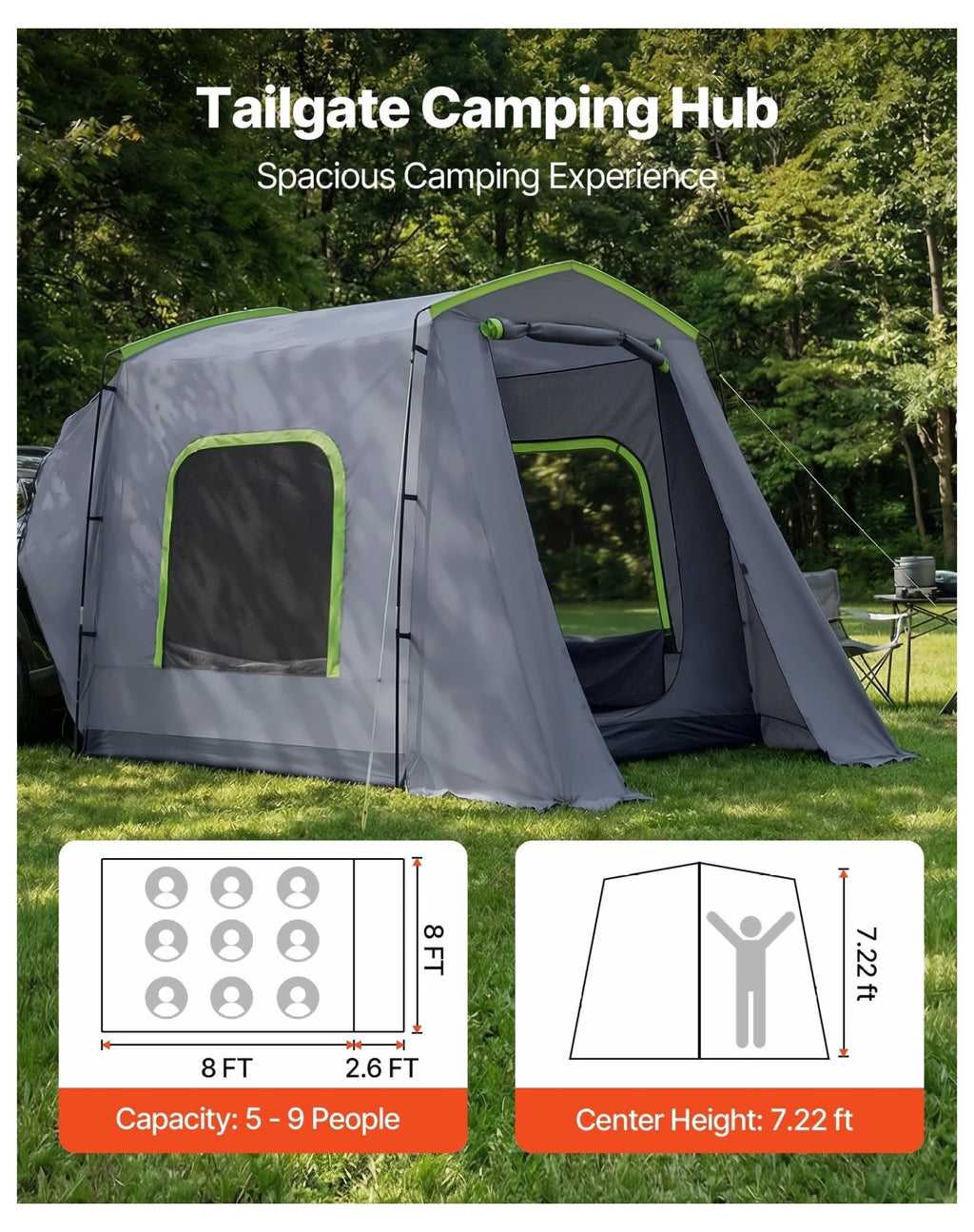 Large Tent for 5-9 Person, 10.6 x 8 FT Tailgate Tent, Waterproof Camping Tent with Ventilation