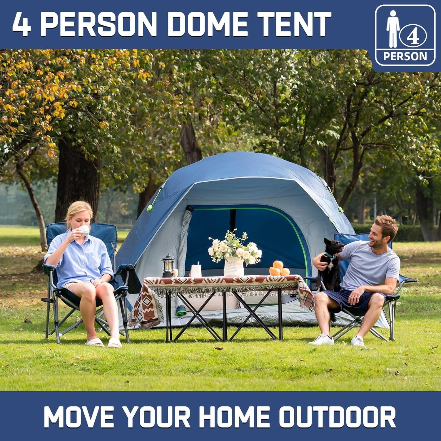 4 Person Dome Camping Tent with Rainfly Waterproof Fabric Mesh Windows and Increased Headroom