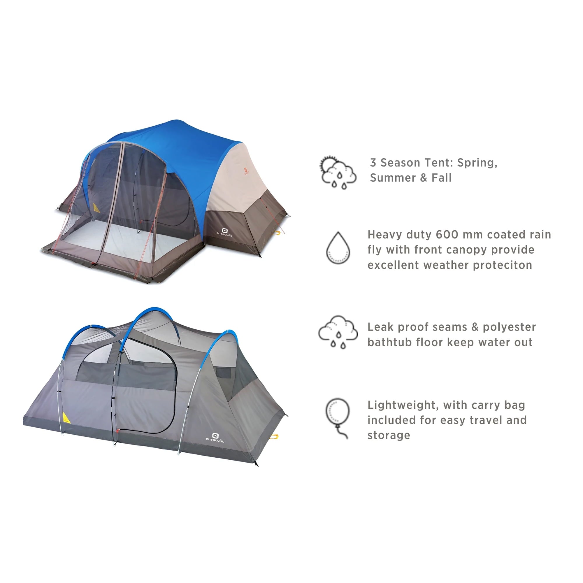 Outbound 8 Person 3 Season Easy Up Dome Tent with Room Divider & Rainfly