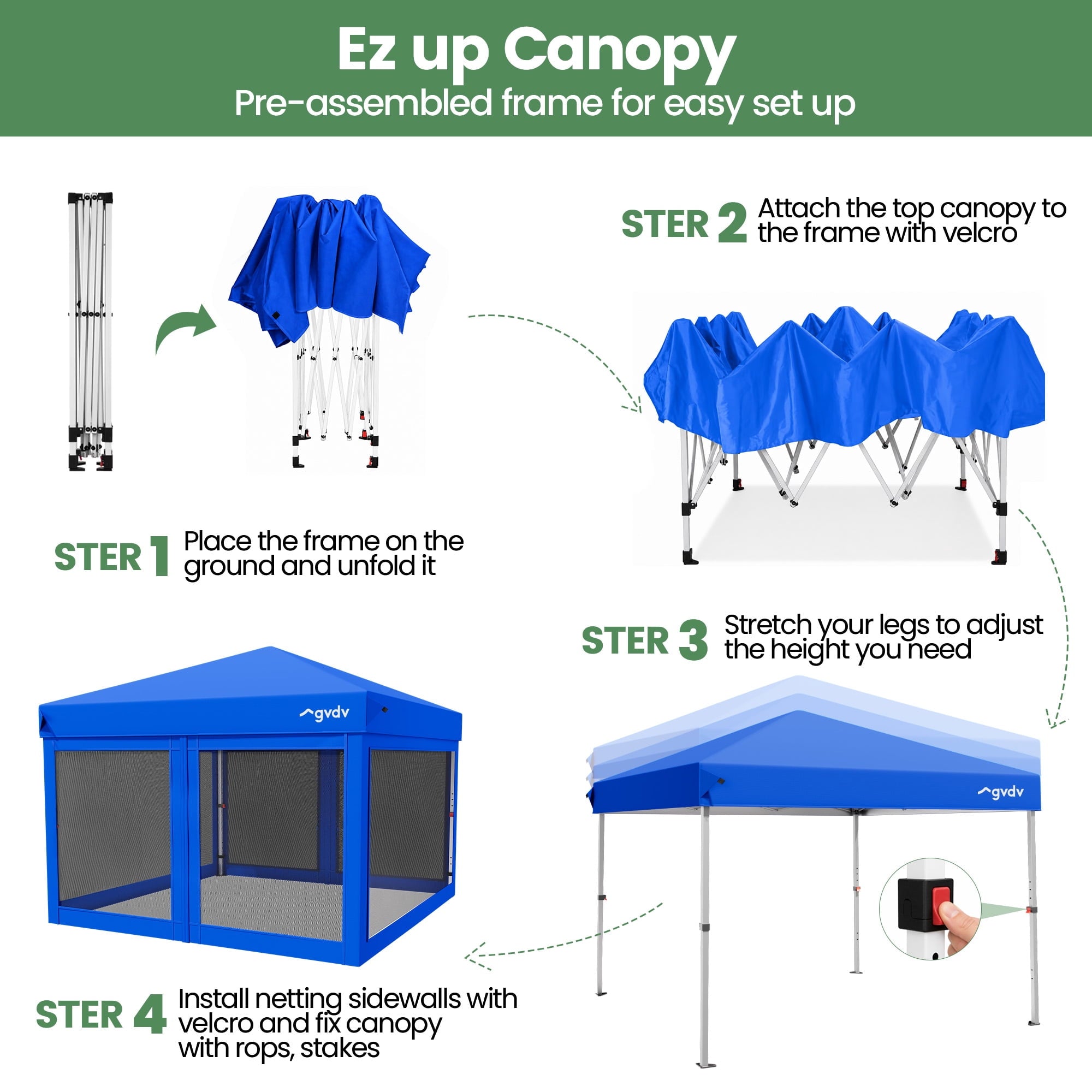 GVDV 10x10ft Easy Pop-Up Canopy, Outdoor Screen Tent with Mosquito Netting, 2 Zipper Doors, and Carry Bag for Yard Camping Picnic Party Events, Blue