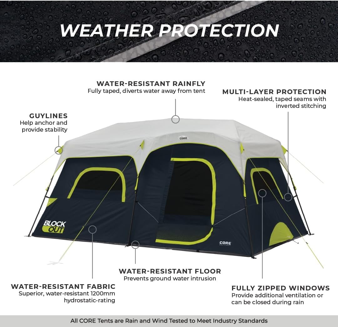 CORE 11' x 9' 6 Person Blockout Instant Cabin Camping Tent, 22lbs