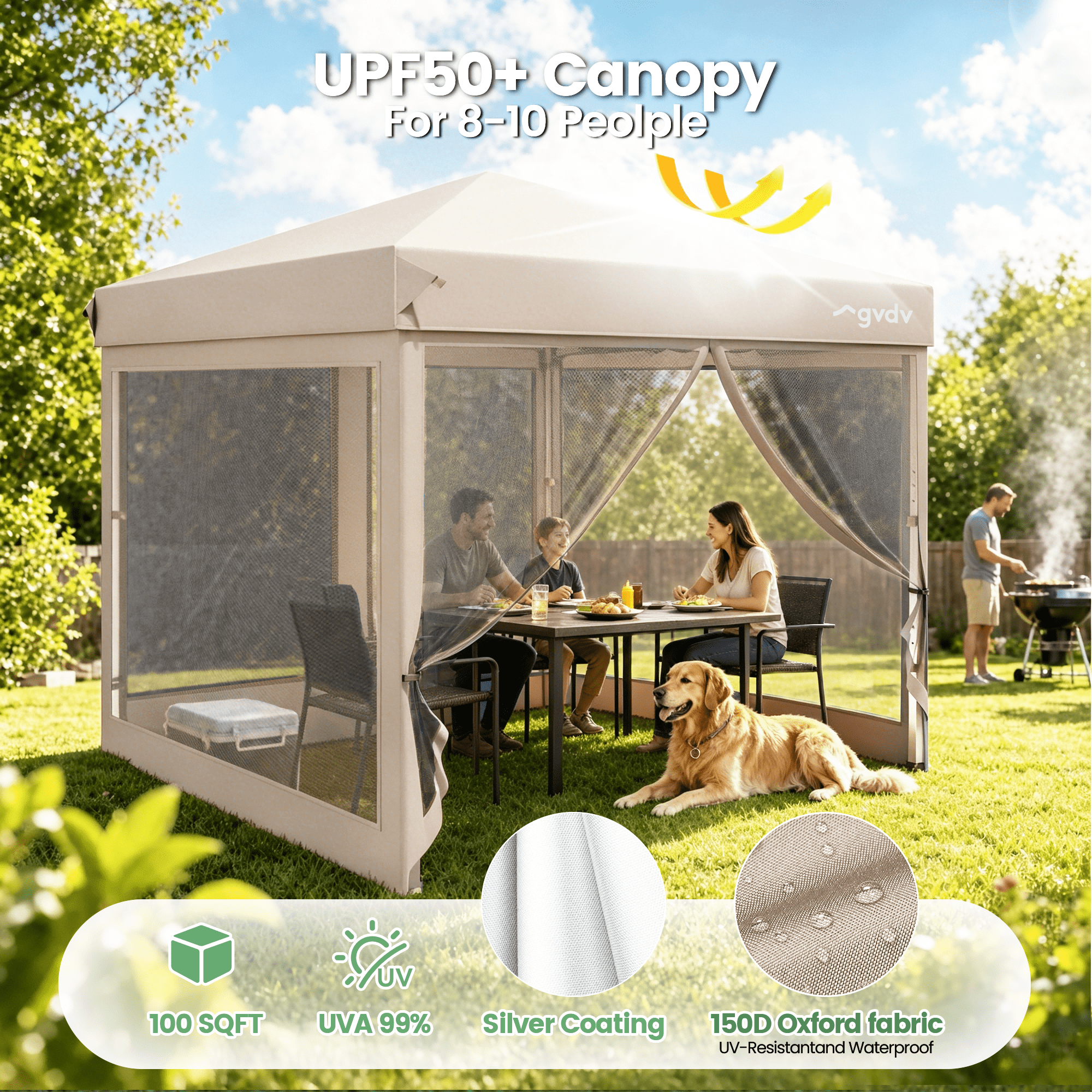 GVDV 10x10ft Easy Pop-Up Canopy, Outdoor Screen Tent with Mosquito Netting, 2 Zipper Doors, and Carry Bag for Yard Camping Picnic Party Events, Blue