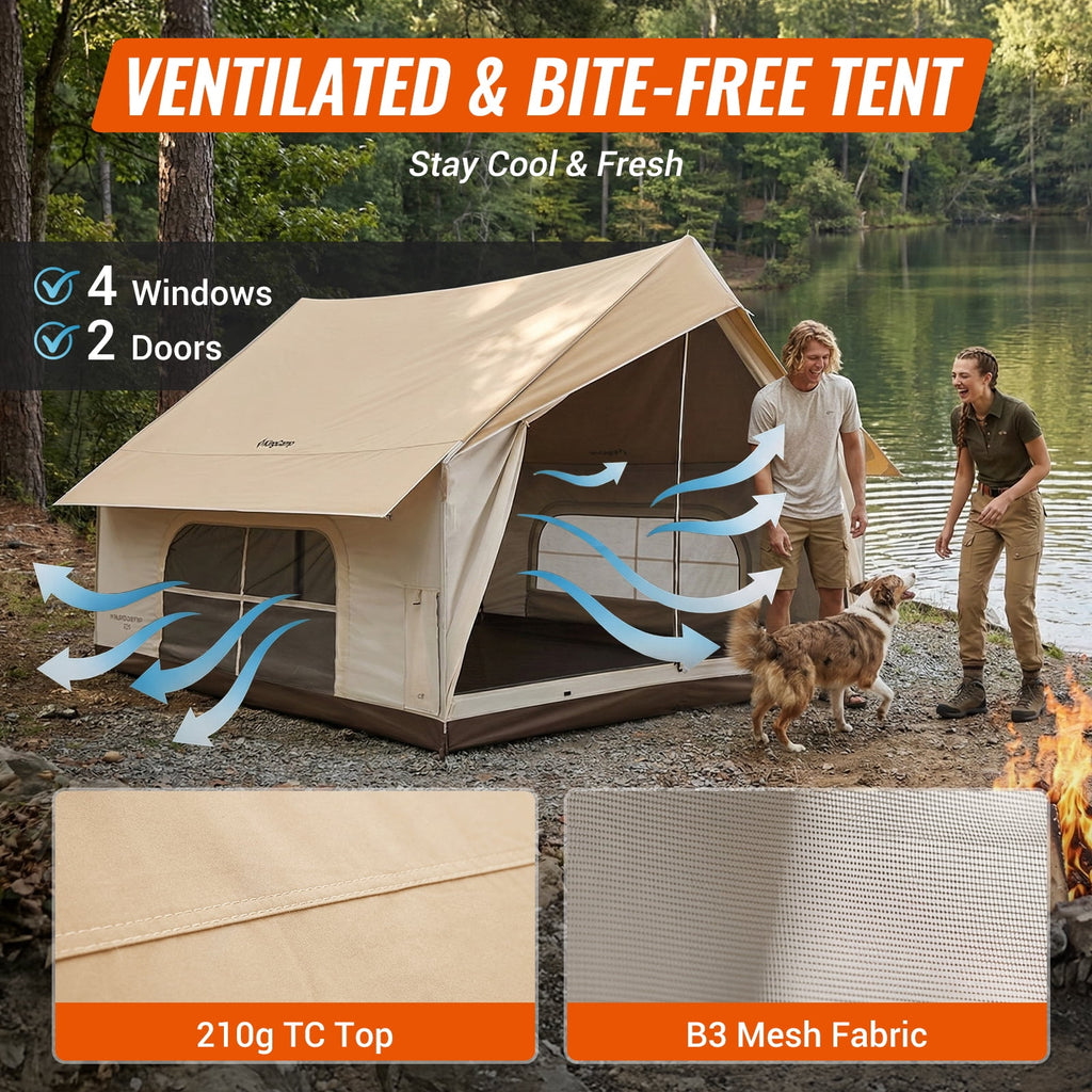 KingCamp Camping Tent, Glamping Tent, 6-10 Person Camping Tent with Skylight, Air Conditioner Port & Stove Jack, 2 Doors and 2 Windows, Large Tent for Family Camping, Waterproof & Easy Setup