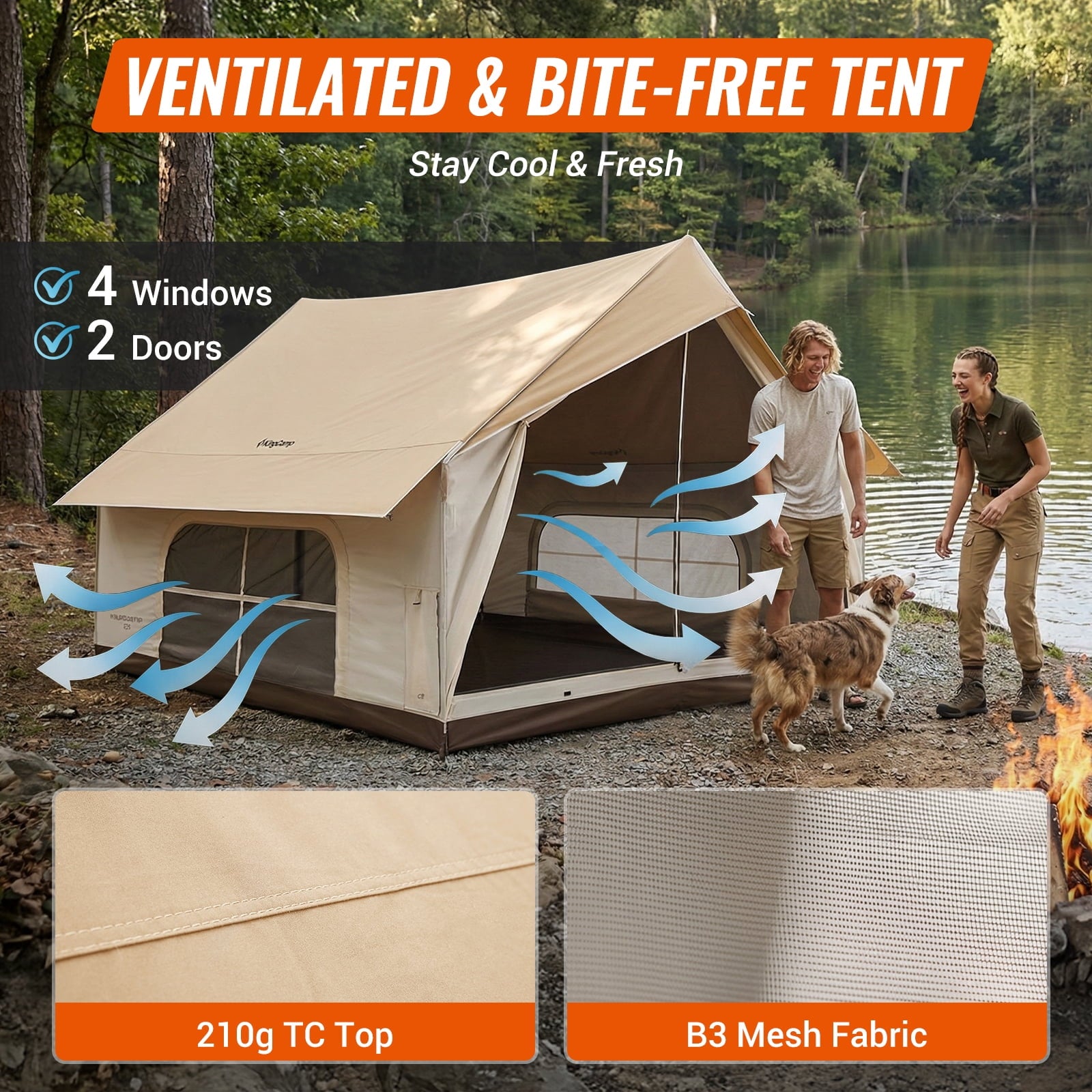 KingCamp Camping Tent, Glamping Tent, 6-10 Person Camping Tent with Skylight, Air Conditioner Port & Stove Jack, 2 Doors and 2 Windows, Large Tent for Family Camping, Waterproof & Easy Setup