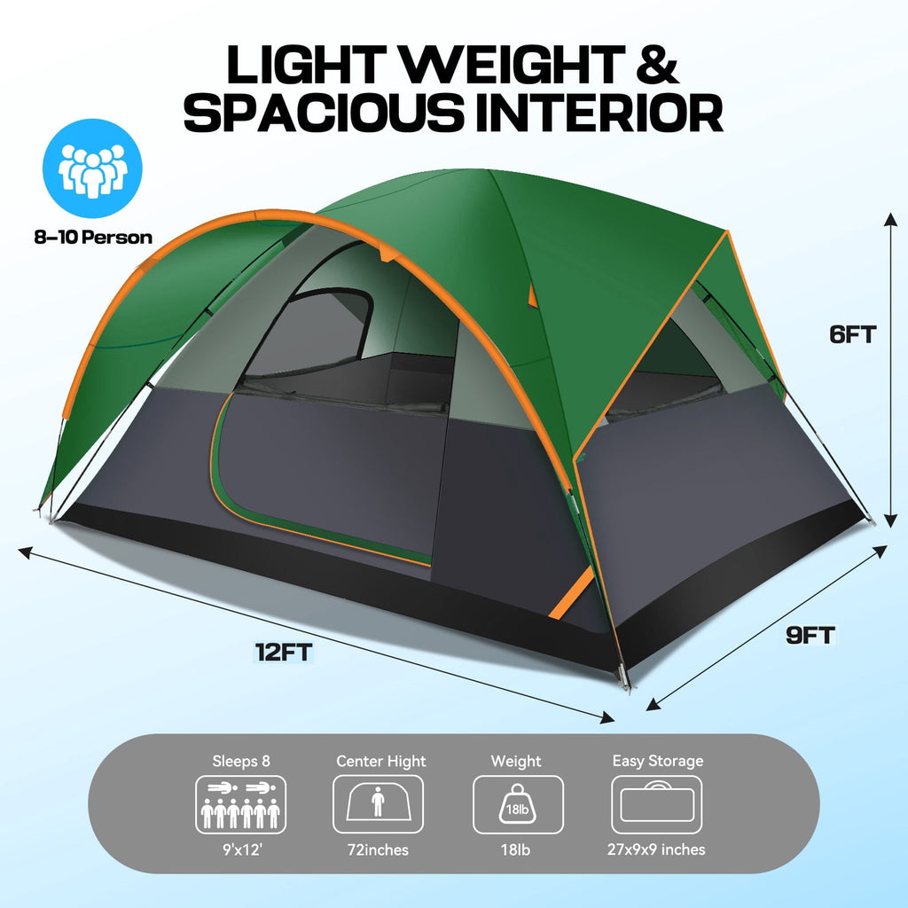 HOTEEL 6-8-10 Person Camping Tents with Rainfly, Tent for Camping with Pockets, Waterproof Camp Tent with Mesh Windows, Family Camping Tent For Traveling Hiking, Green