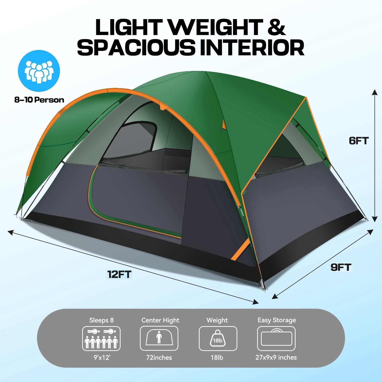 HOTEEL 6-8-10 Person Camping Tents with Rainfly, Tent for Camping with Pockets, Waterproof Camp Tent with Mesh Windows, Family Camping Tent For Traveling Hiking, Green