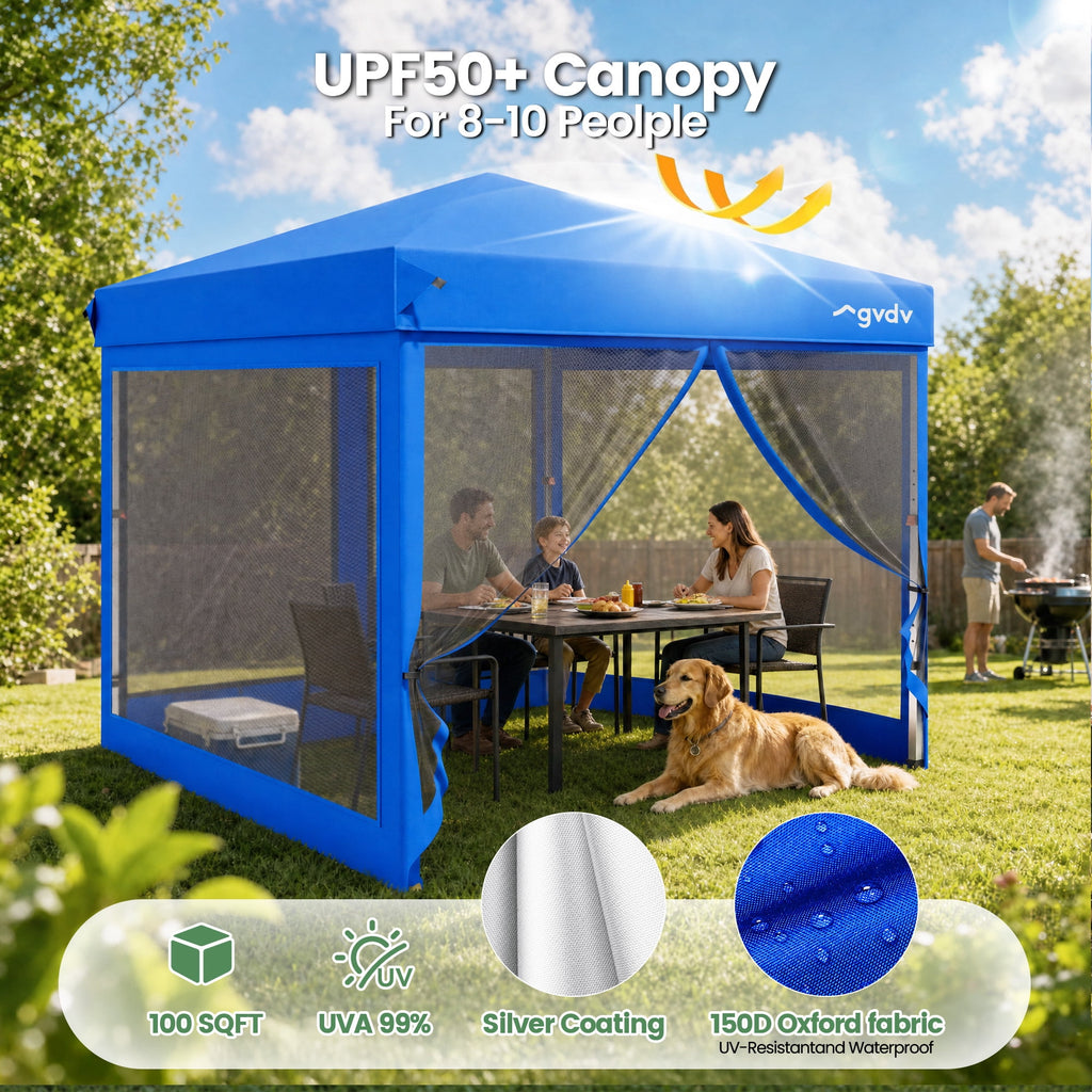 GVDV 10x10ft Easy Pop-Up Canopy, Outdoor Screen Tent with Mosquito Netting, 2 Zipper Doors, and Carry Bag for Yard Camping Picnic Party Events, Blue