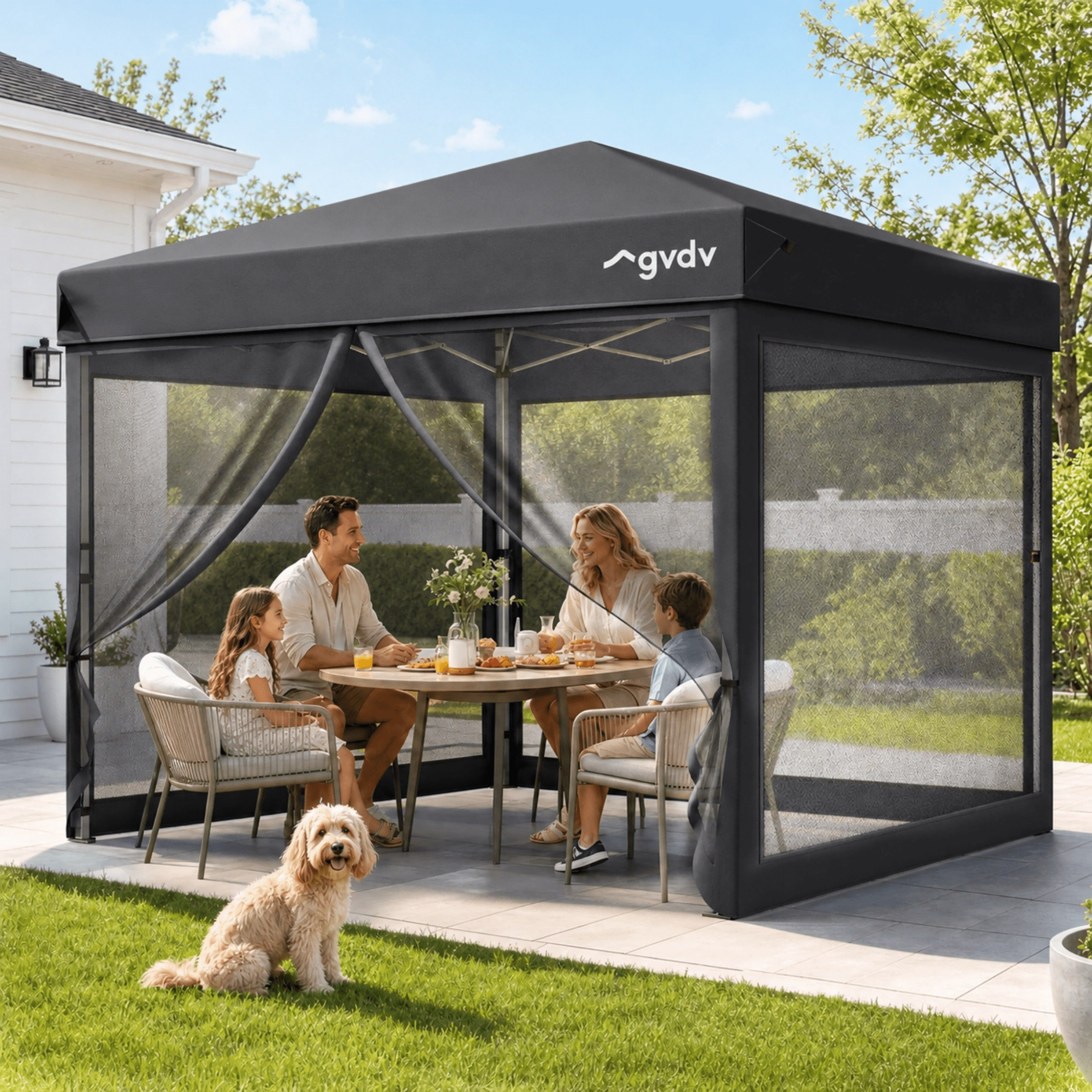 GVDV 10x10ft Easy Pop-Up Canopy, Outdoor Screen Tent with Mosquito Netting, 2 Zipper Doors, and Carry Bag for Yard Camping Picnic Party Events, Blue