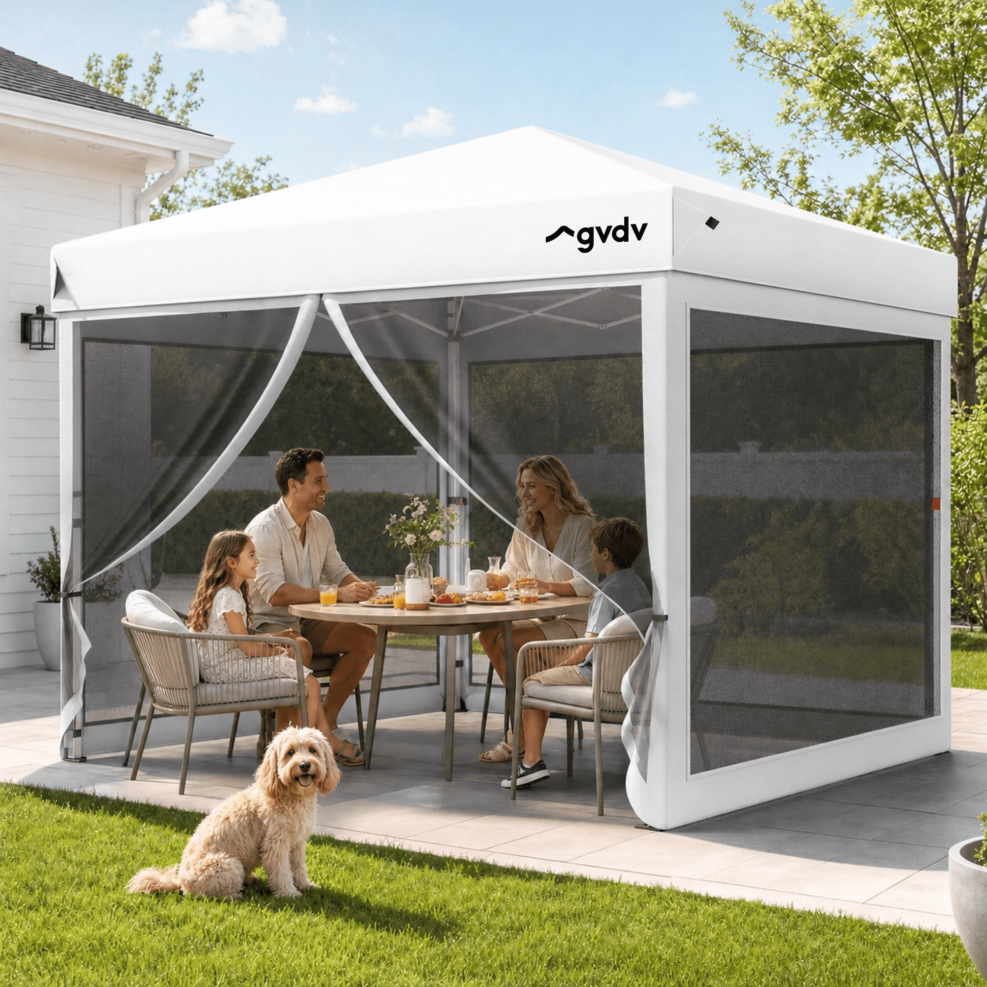 GVDV 10x10ft Easy Pop-Up Canopy, Outdoor Screen Tent with Mosquito Netting, 2 Zipper Doors, and Carry Bag for Yard Camping Picnic Party Events, Blue