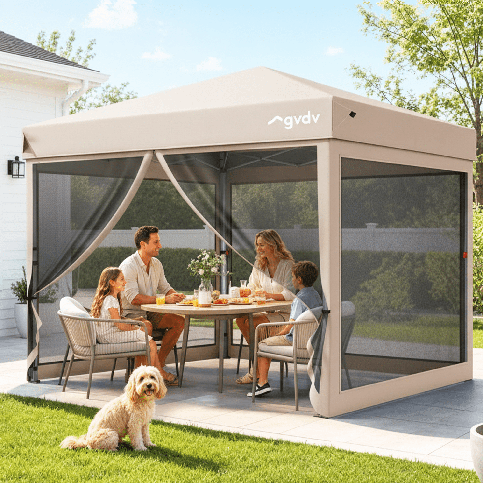 GVDV 10x10ft Easy Pop-Up Canopy, Outdoor Screen Tent with Mosquito Netting, 2 Zipper Doors, and Carry Bag for Yard Camping Picnic Party Events, Blue