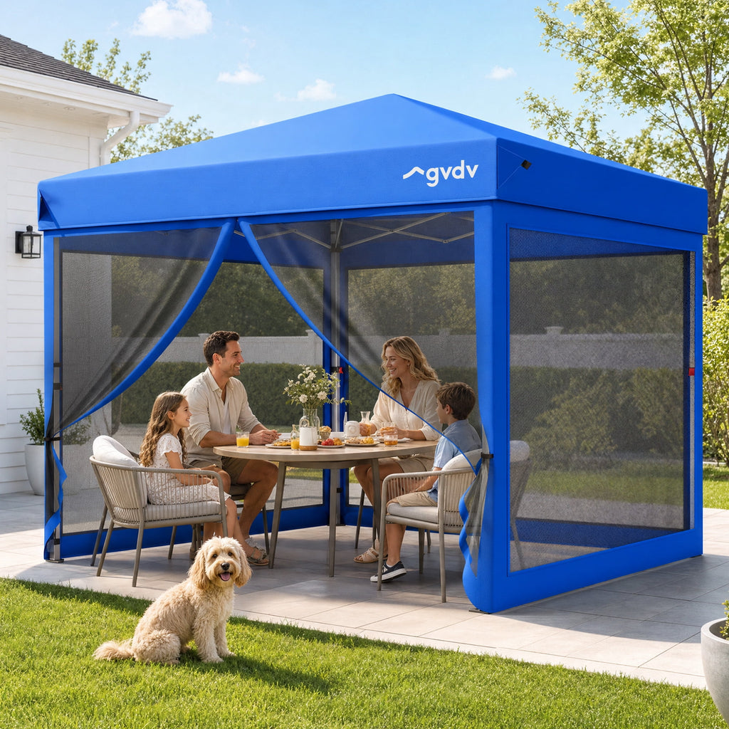 GVDV 10x10ft Easy Pop-Up Canopy, Outdoor Screen Tent with Mosquito Netting, 2 Zipper Doors, and Carry Bag for Yard Camping Picnic Party Events, Blue