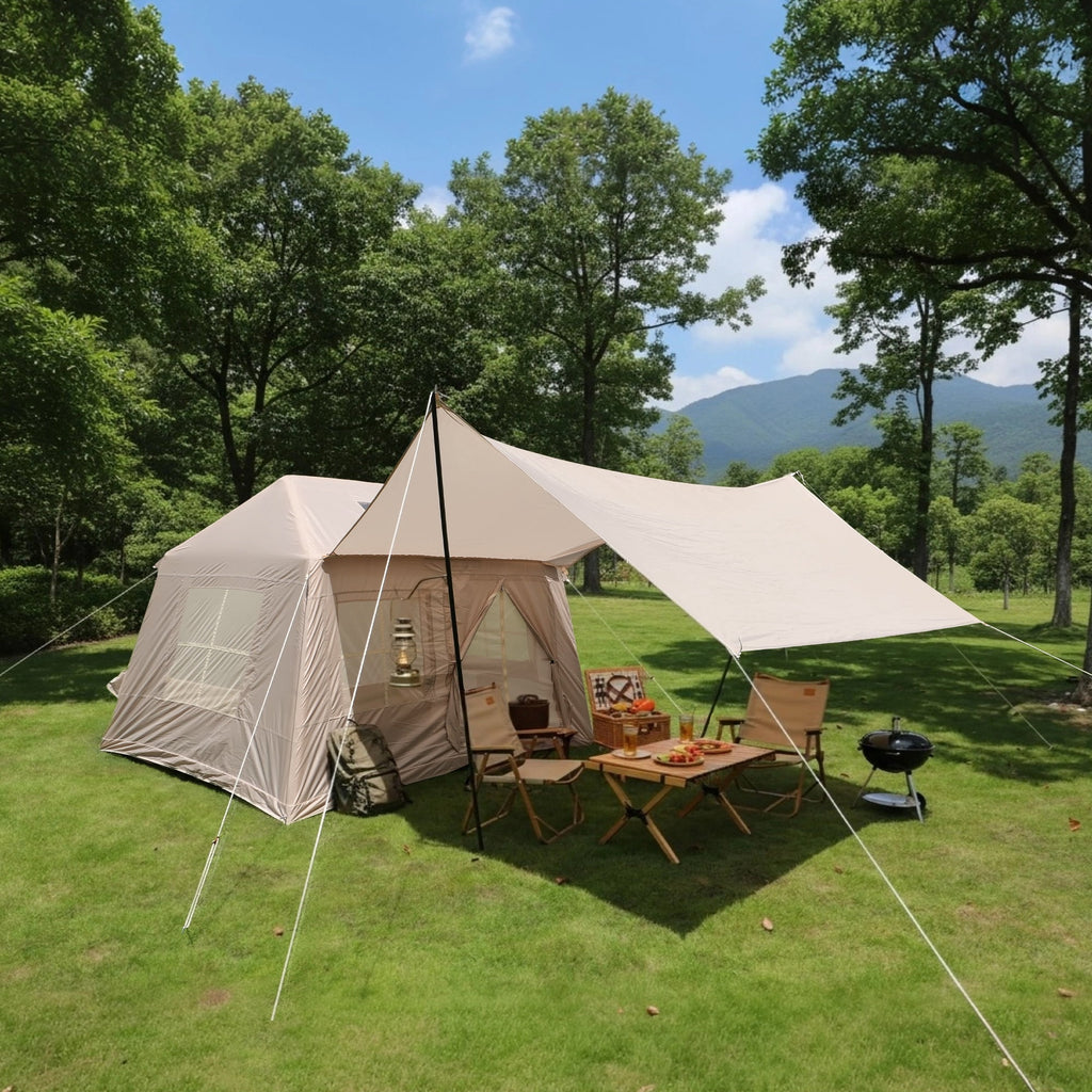 Inflatable Tents for Camping, 4-6 Person Blow Up Tent with Detachable Canopy Manual Pump Mesh Windows Stove Jack Waterproof 210D Oxford Air Tent Windproof Glamping Tent for Family Outdoor Camping